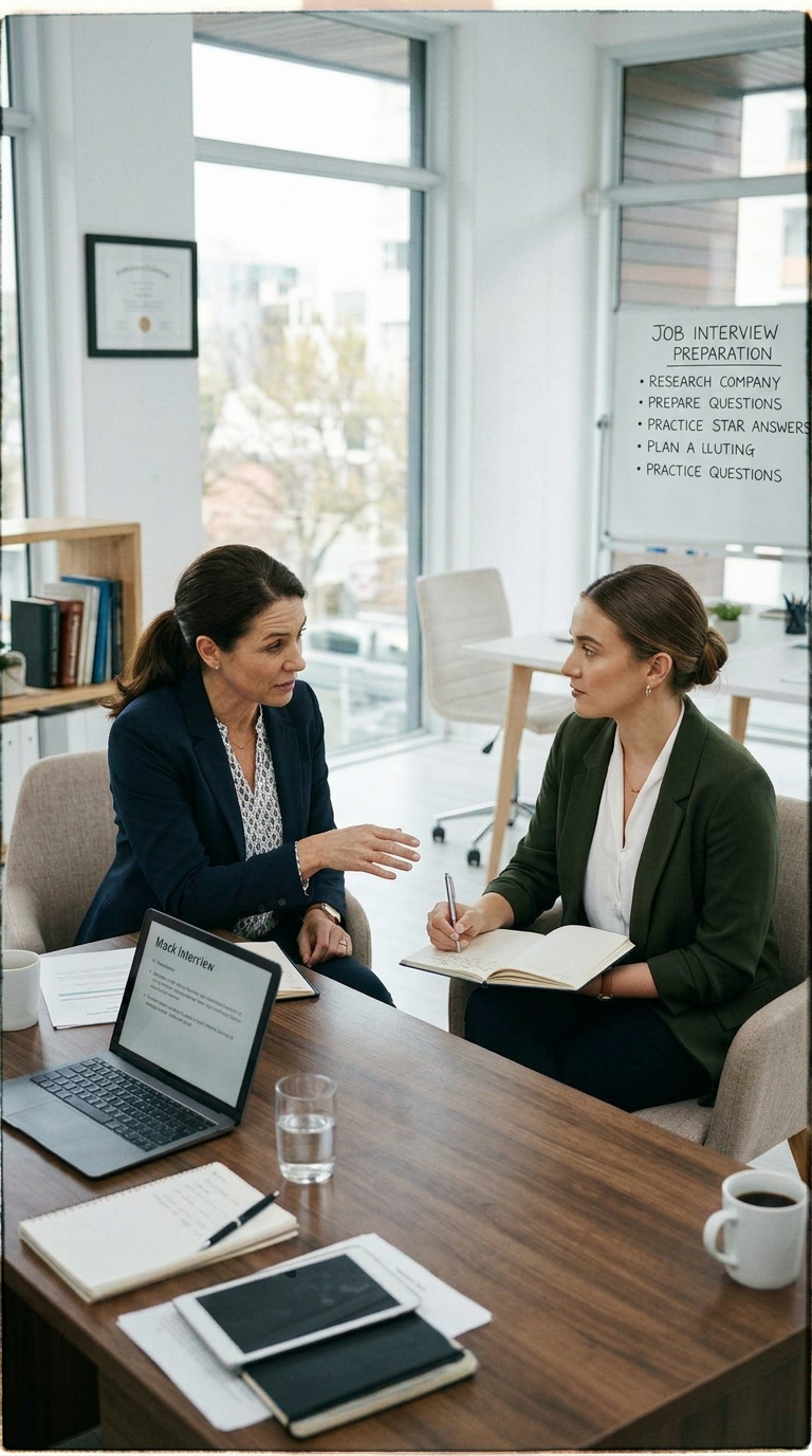 Two women in business attire having a mock interview discussion in an office
