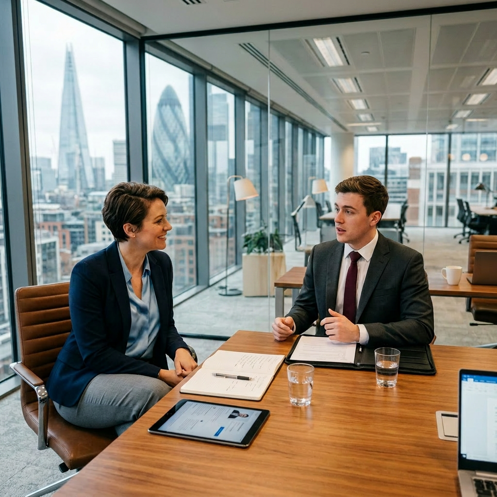 Two professionals in a business meeting discussing interview preparation with a flipchart showing STAR Method