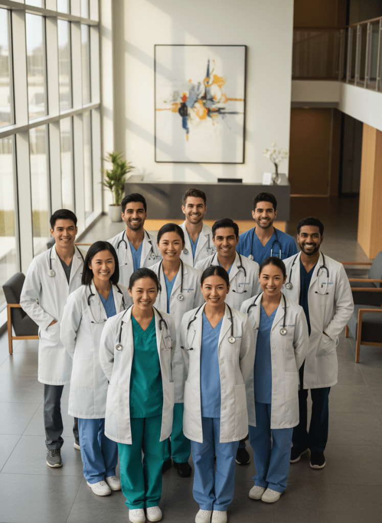 Professional photograph of a diverse group of smiling medical professionals, doctors and dentists in white coats and scrubs, confident, standing in a modern bright hospital or clinic setting, natural lighting, warm and trustworthy mood